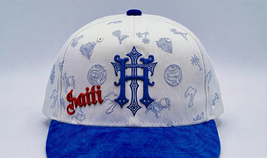 White and blue cap with various designs and text on a light gray background